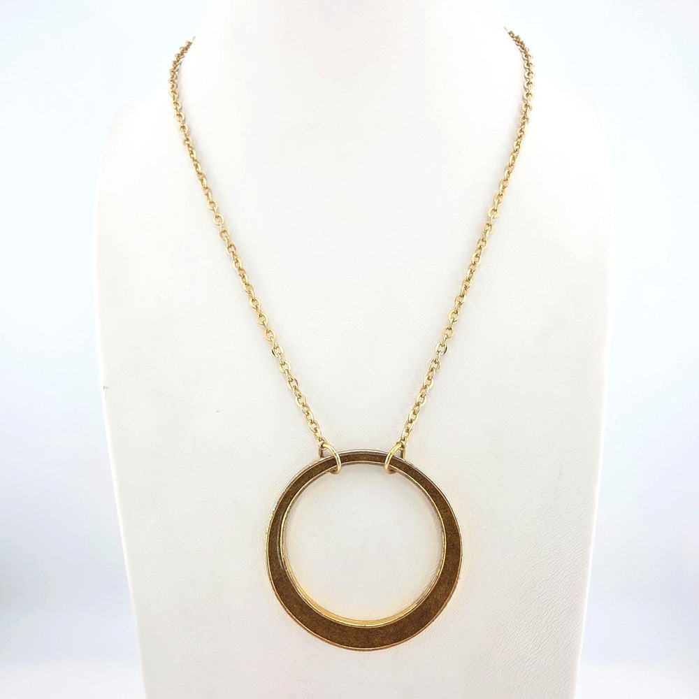 Vtg RACHEL Open Disc Necklace Minimalist Glittery Inlay Classy Gold Plate 16"